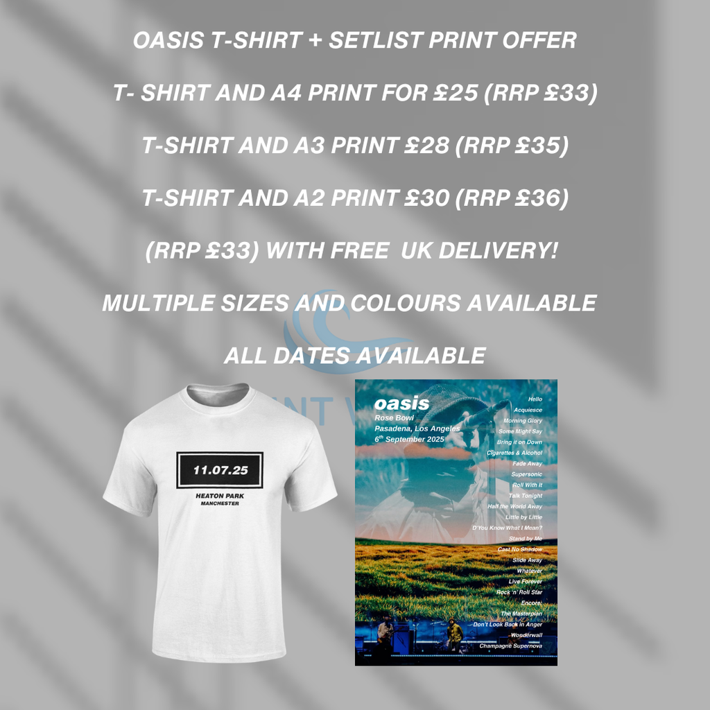 Oasis Live 25 T-Shirt & A2 Setlist Print Combo Deal