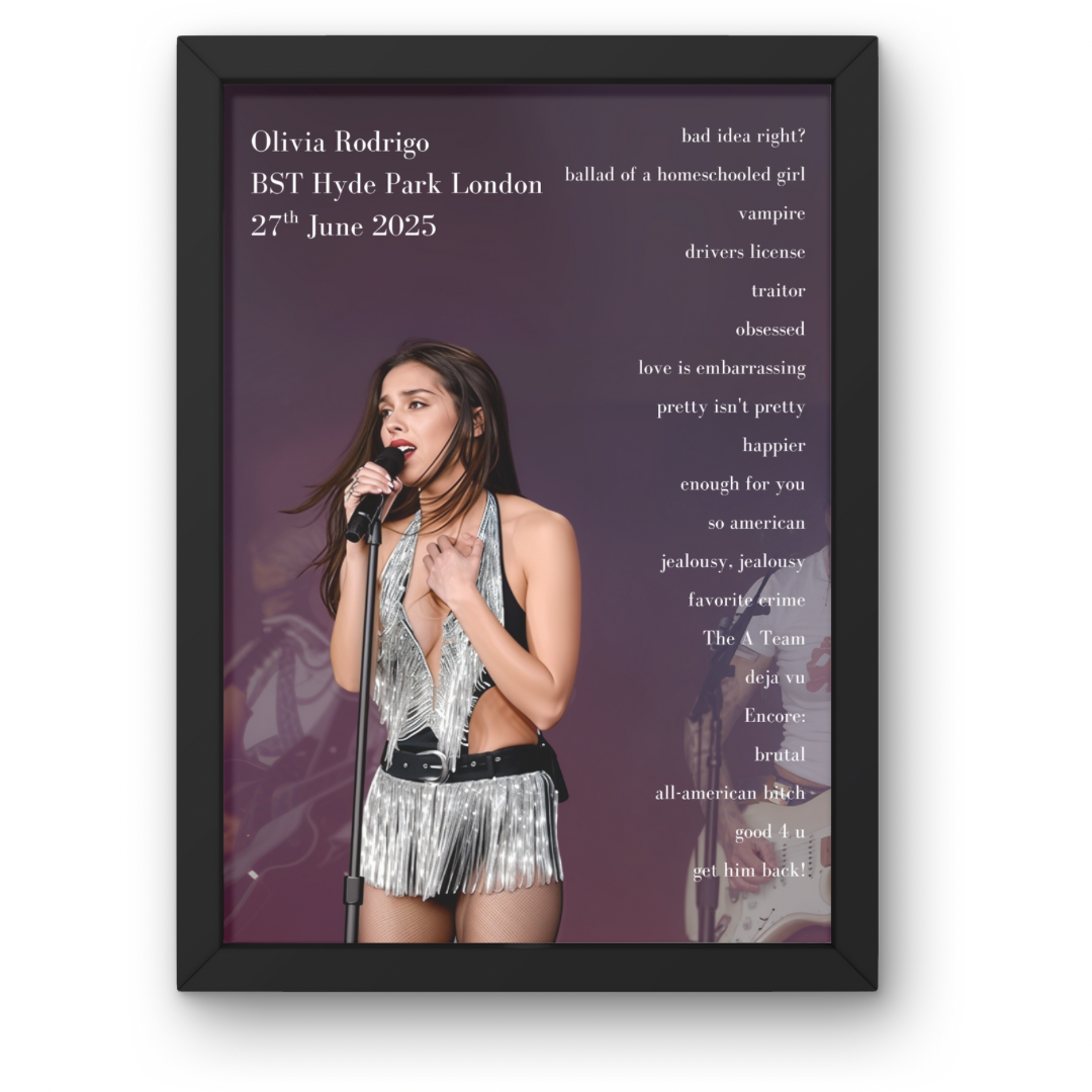 Olivia Rodrigo Hyde Park & Glasto Setlist Posters | A1-5 Frame Option