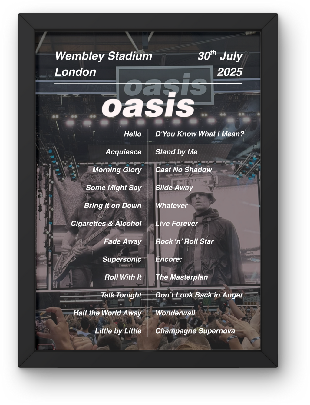 Oasis Wembley Setlist Print - All Dates