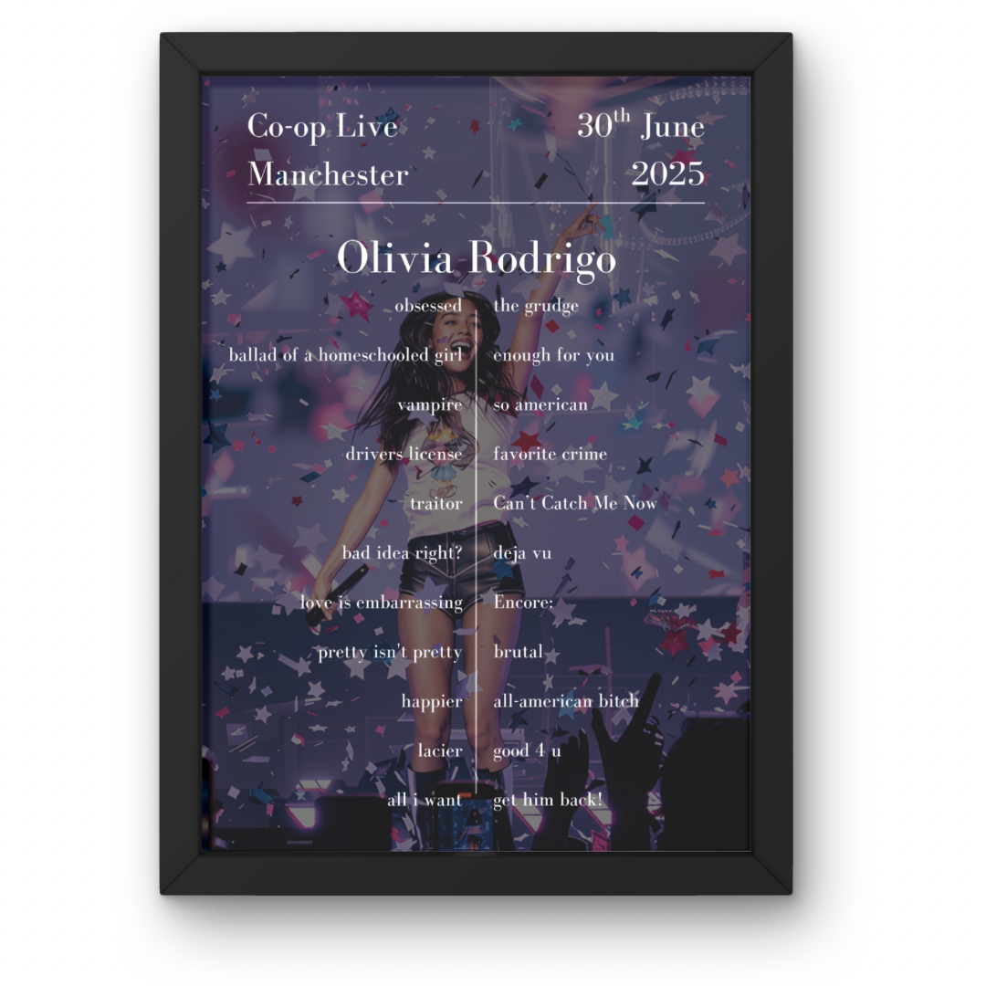 Olivia Rodrigo Manchester Setlist Posters | A1-5 Frame Option