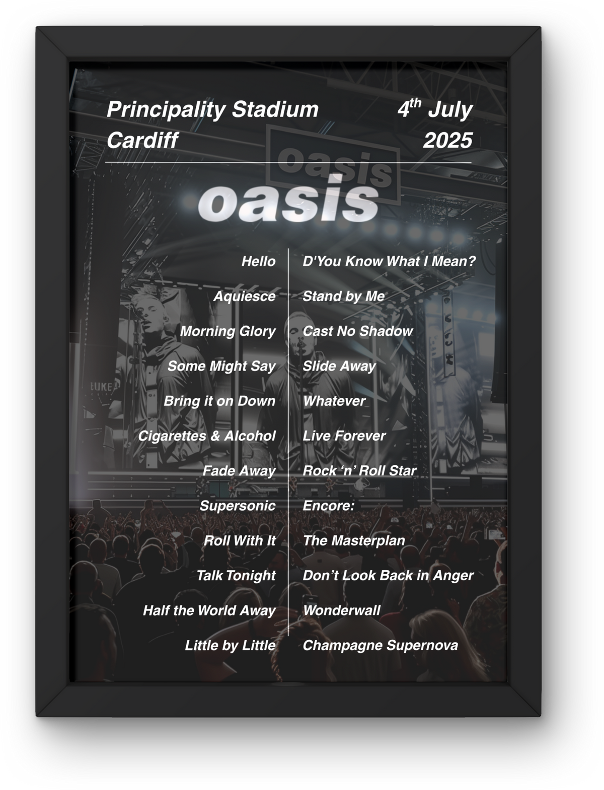 Oasis Cardiff Setlist Print - Both Dates
