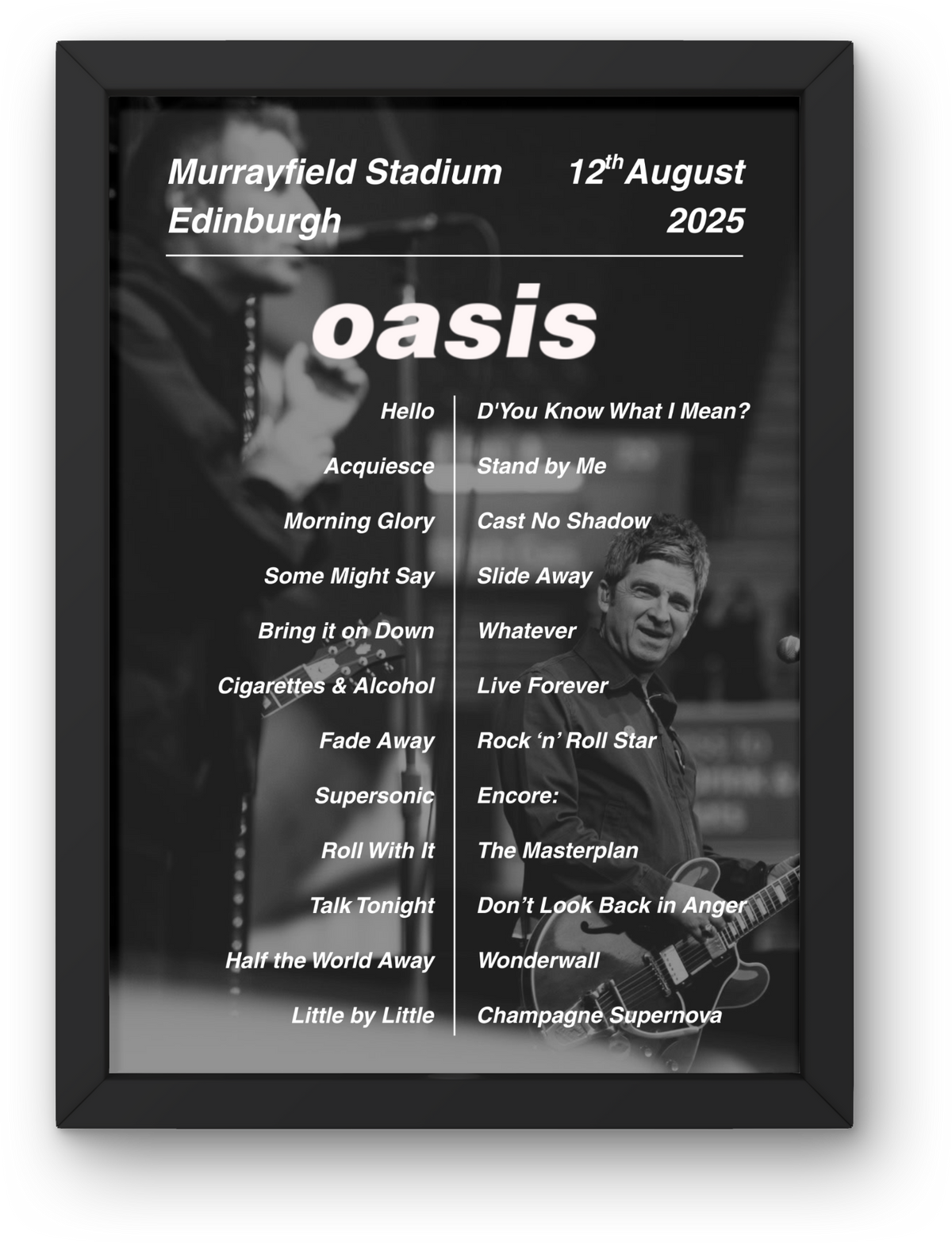Oasis Edinburgh Setlist Print - All Dates