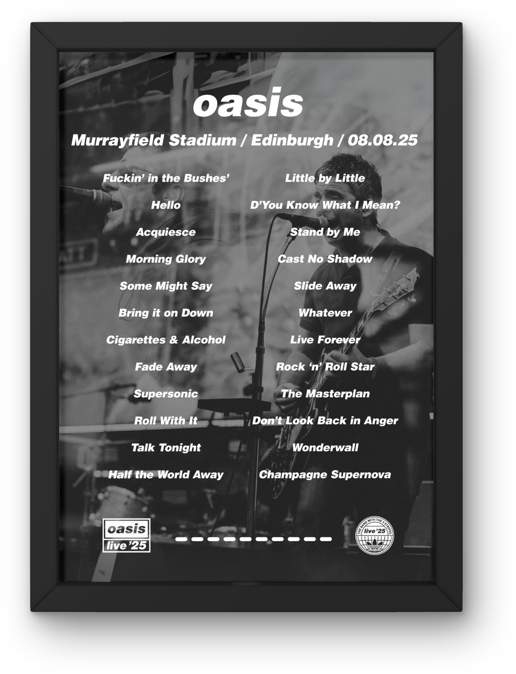 Oasis Edinburgh Setlist Print - All Dates