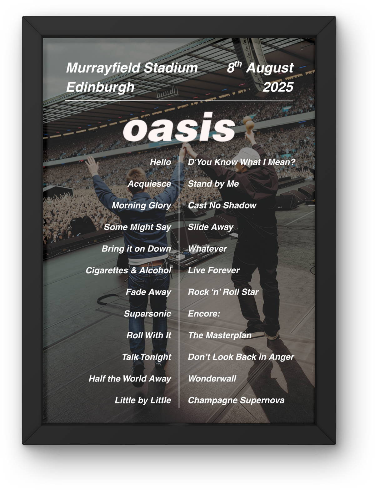 Oasis Edinburgh Setlist Print - All Dates